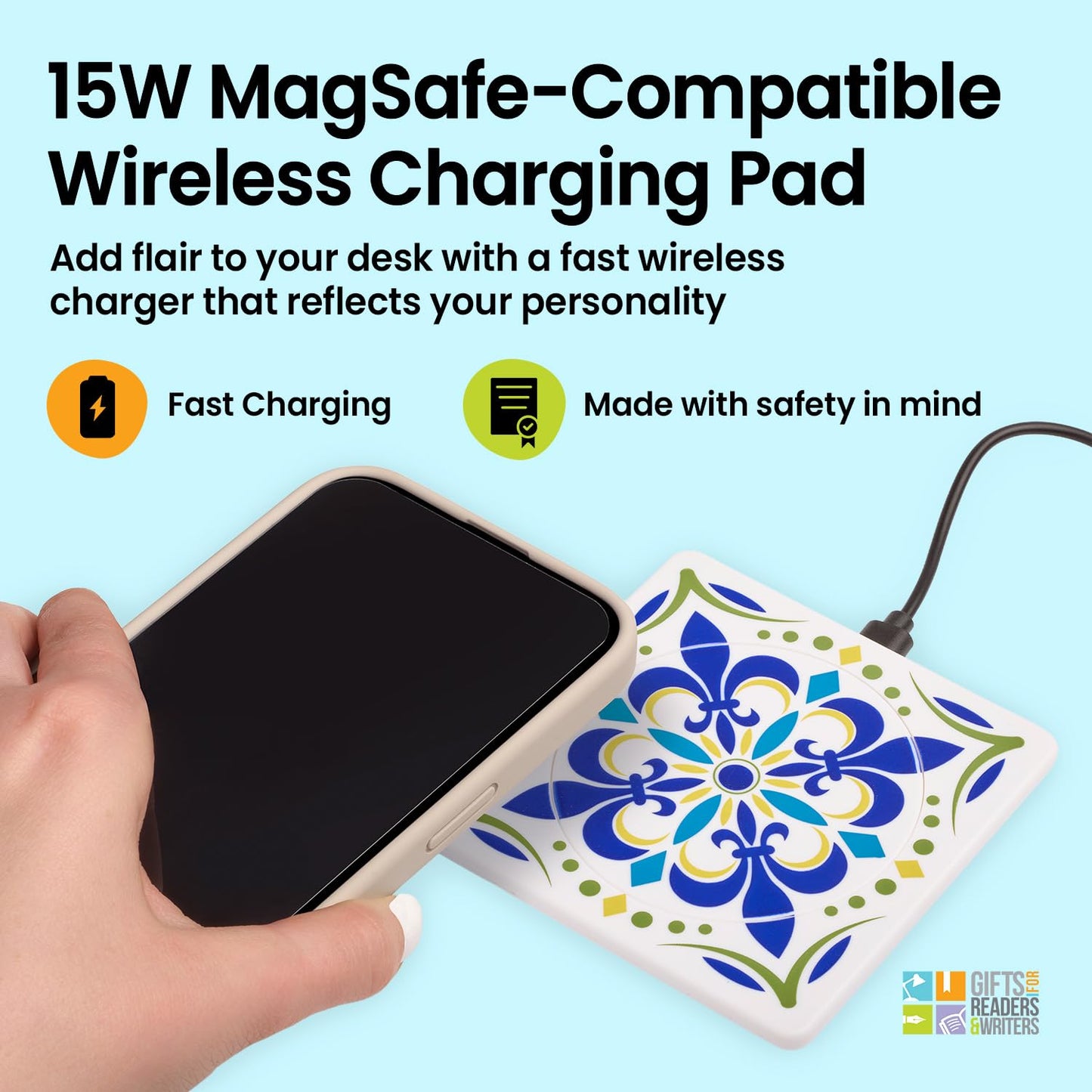 Gifts for Readers & Writers Wireless Charger, 15W MagSafe- Compatible Charging Pad, Portable & Magnetic Fast Charging Station, ZipCharger for iPhone & Airpods, Tile