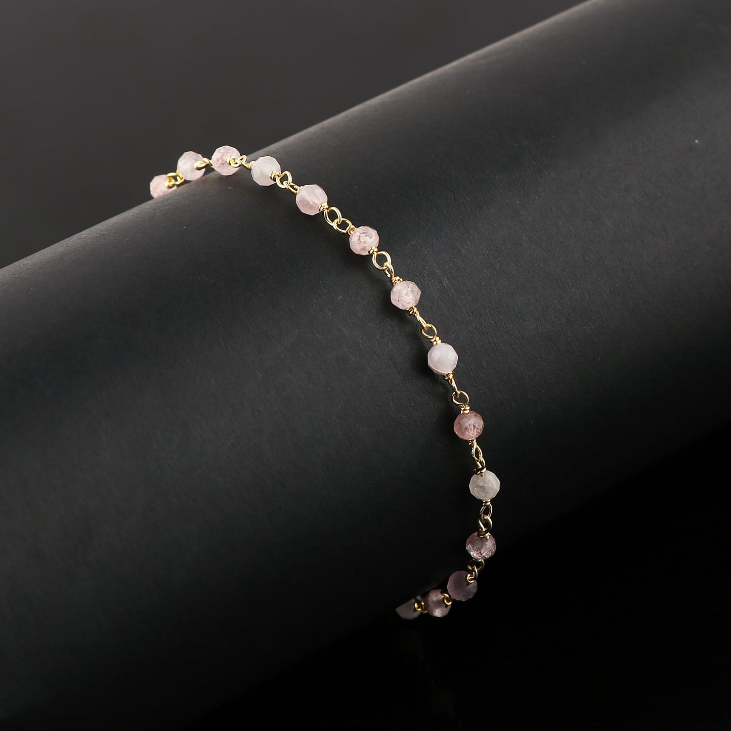 JOR Natural Strawberry Quartz Beaded Rosary Anklet, Handmade Craft, Anklet Beads Bracelet, Chakra Healing Anklet, Gemstone Women Jewelry, Dainty Gold Plated Anklet 9 inch + 2 inch (1pcs)
