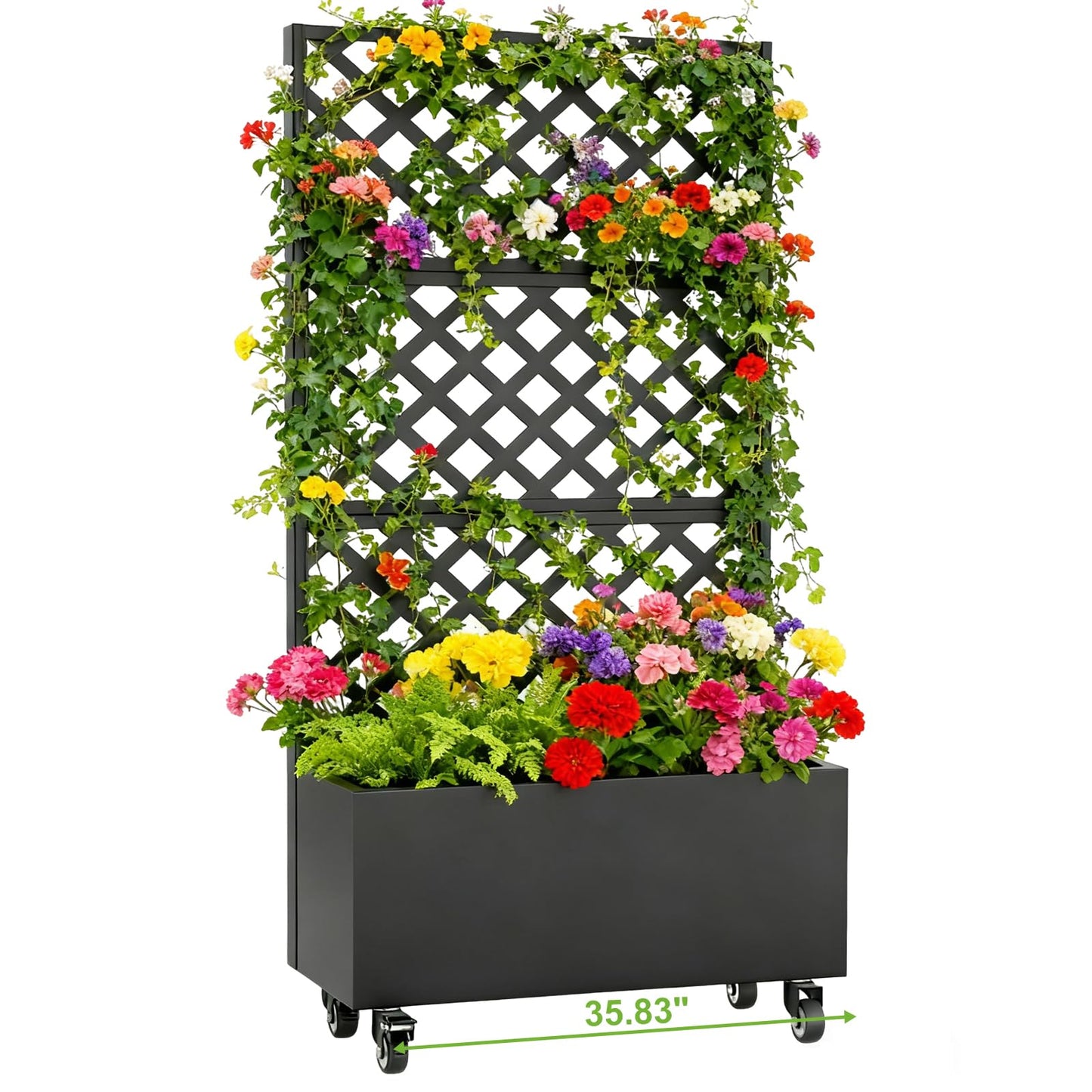 Luzfuego Metal Planter Box with Trellis, 72" Tall Outdoor Raised Garden Bed on Wheels, Flower Planter for Climbing Plants with Drainage Holes & Lockable Casters