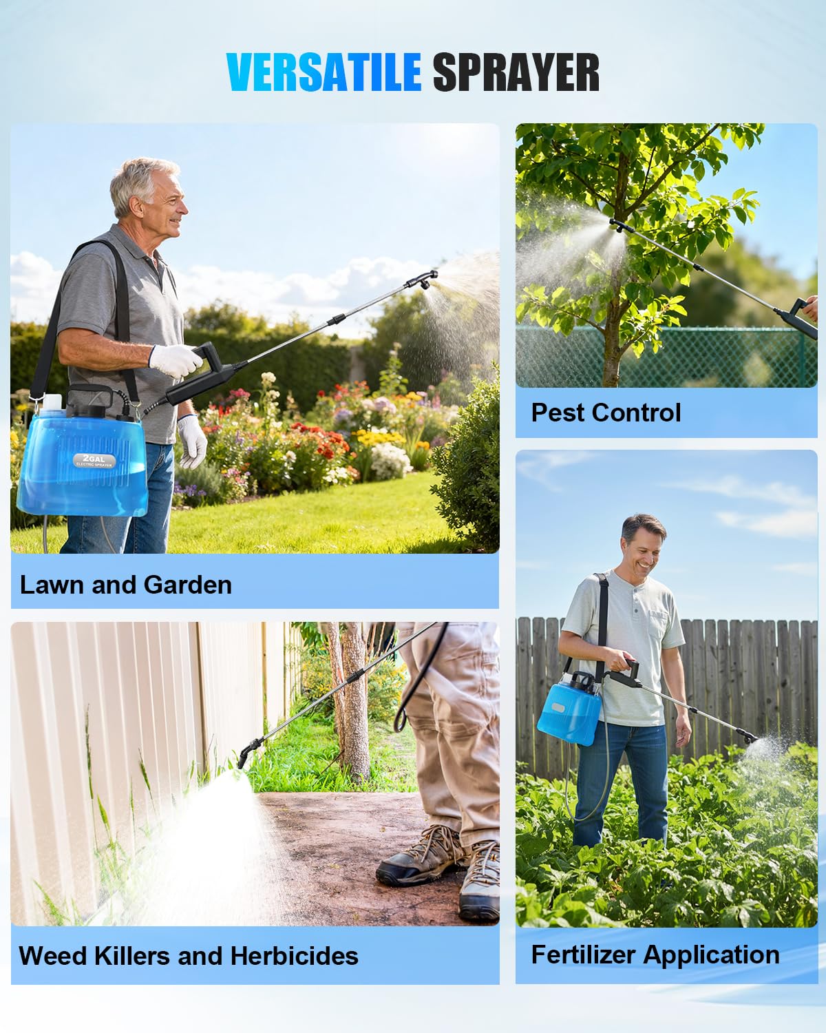 Sylsmart Battery Powered Sprayer 2 Gallon, Electric Weed Sprayer with 3 Adjustable Pressure Levels, 4 Nozzles & Extendable Wand, Rechargeable Garden Sprayer for Yard, Lawn, Plants & Fertilizer