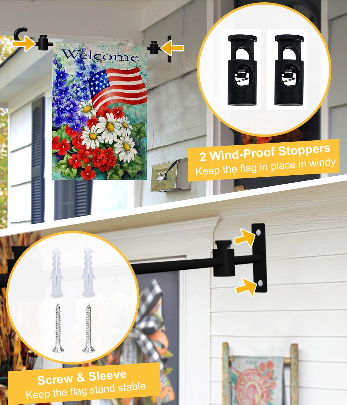 Koutemie Wall Garden Flag Stand Holder Pole with Stoppers for 12 x 18 Outside Small Yard Flags Décor, One Piece Wall Mounted Metal Garden Flag Scroll Hanger for Mailbox Post, Black, 4 Pack