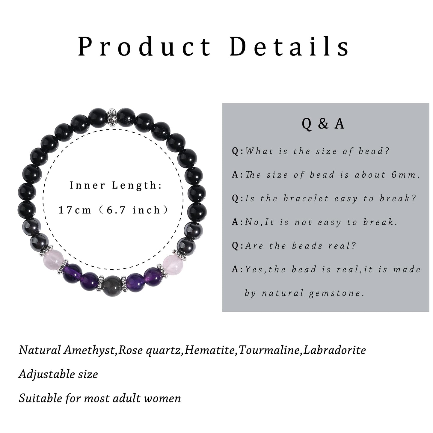 Gracayfr Empath Protection Bracelet Black Tourmaline Hematite Amethyst Rose Quartz Labradorite Beaded Transformation Emotional Healing Crystal Items Jewelry Halloween Christmas Day Gifts For Women Five