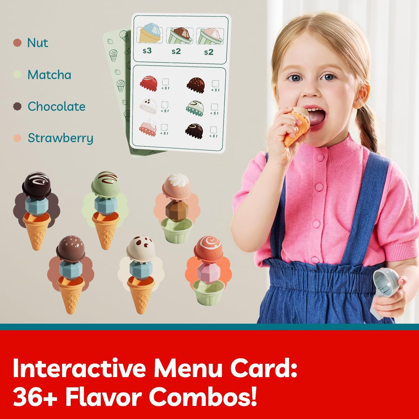 TOP BRIGHT Wooden Ice Cream Pretend Play Toys, Play Kitchen Set for Kids with Ice Cream Counter & Scoop & Menu, Montessori Toys for Boys Girls Capybara Gift Age 3+