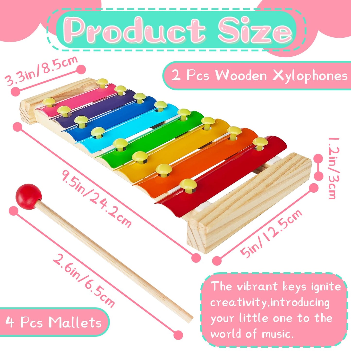 2 Pcs Wooden Xylophone for Kids,Xylophone Educational Musical Toy with 2 Child Mallets 8 Diatonic Keys,Xylophone Wooden Instruments Toys for Toddlers