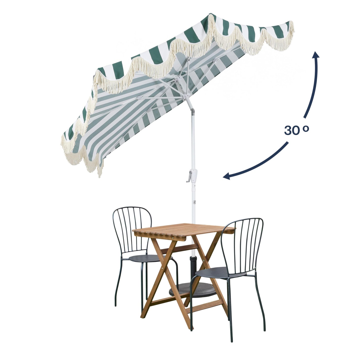 JONATHAN Y Half Umbrella UMB1201L Beverly 9 ft. Designer Classic Scalloped Fringe Market Patio with Crank, Tilt Button and UV Protection in Green/White, White Pole