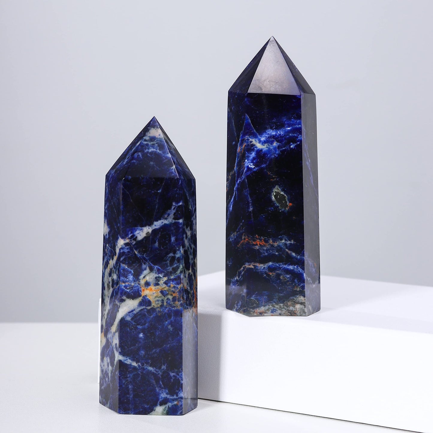 Runyangshi Large Sodalite Natural Healing Crystal Wand 4.72"-5" Blue-Veins Stone Quartz Tower 6 Faceted Single Point Crystals Prism Wand for Meditation Reiki Chakra Therapy Home Decor Gift