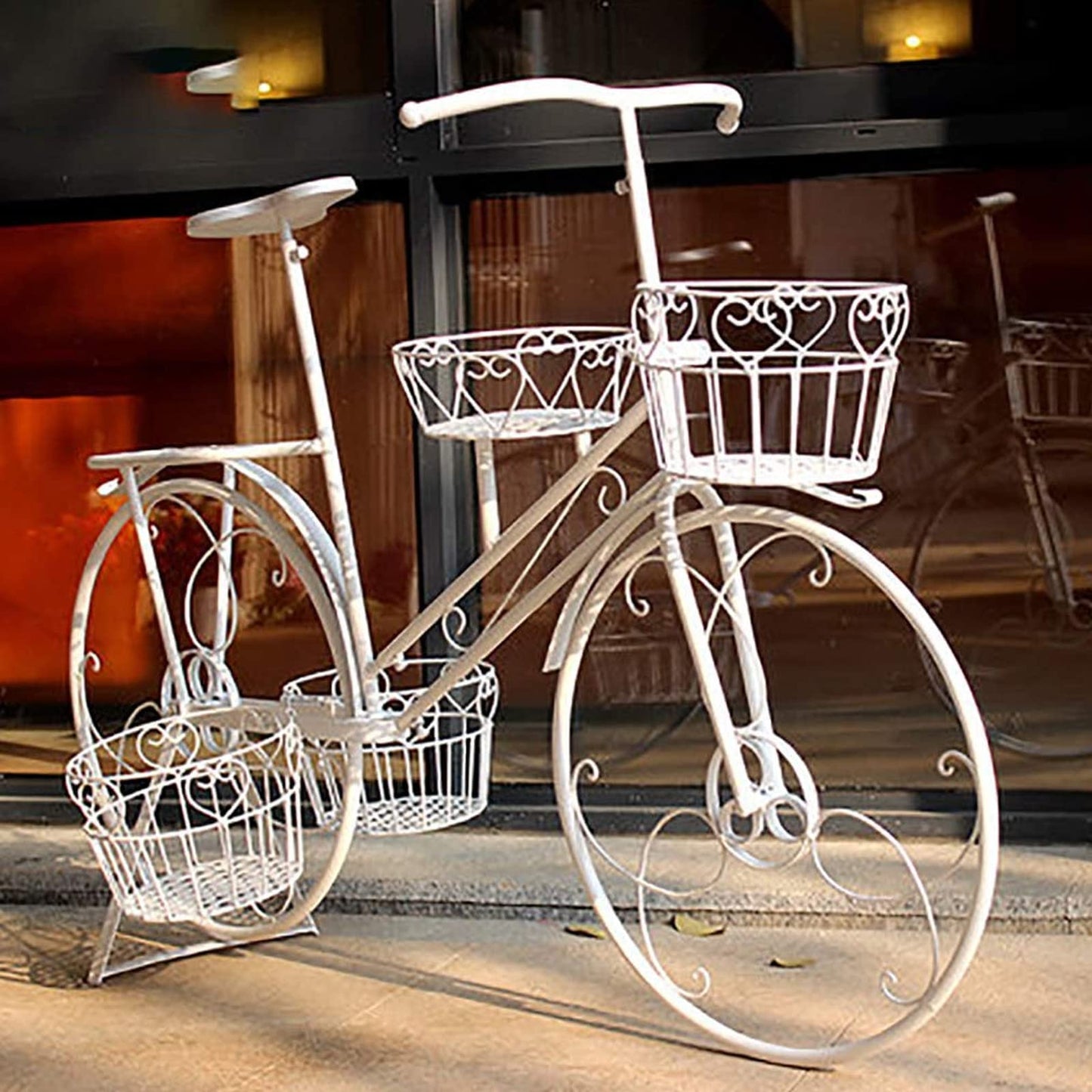 Bicycle Plant Stand Flower Pot Holder with 4 Baskets for Outdoor Garden Patio Wrought Iron Planter Display Rack for Home Deck Green