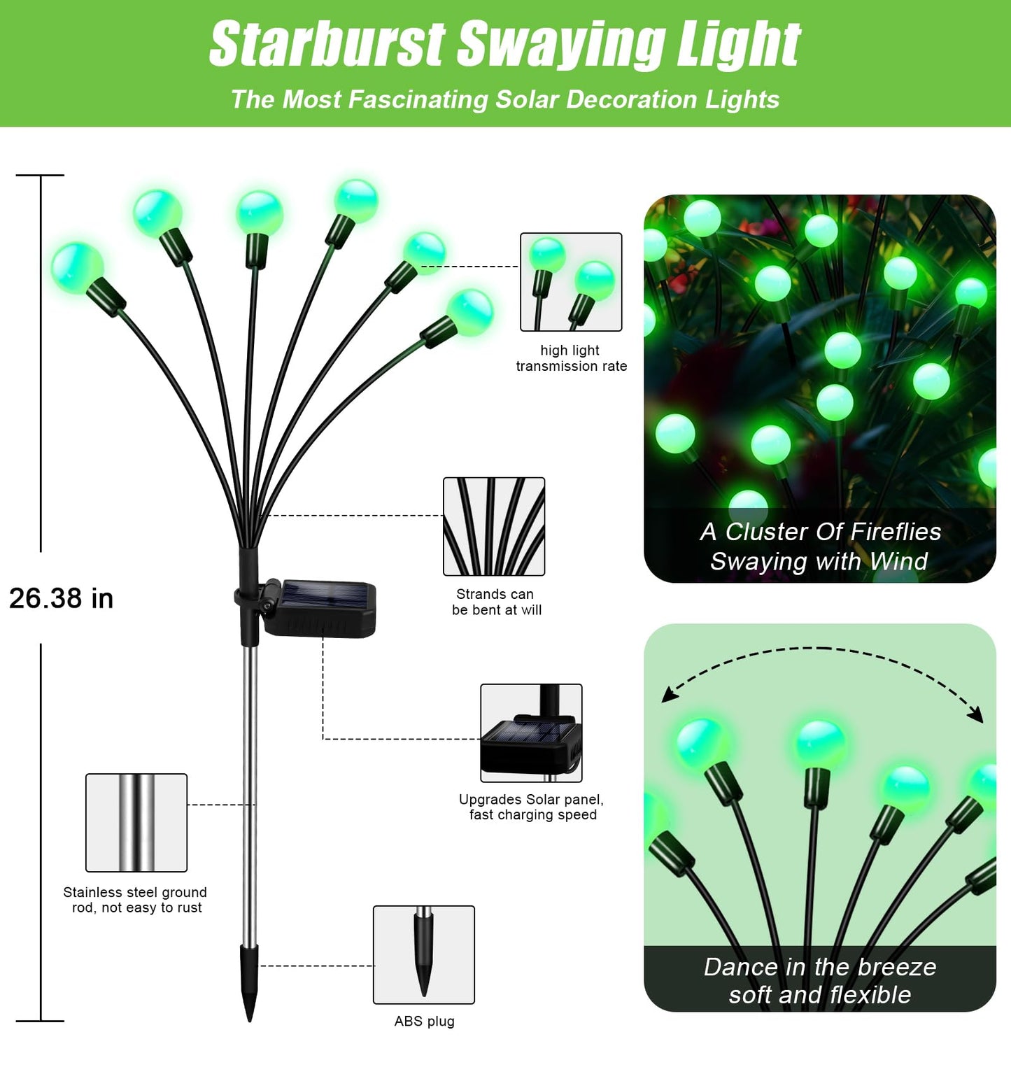NBQQ Solar Garden Lights Outdoor, Waterproof Solar Powered Lights for Yard Pathway Patio, Swaying Lawn Decor as Gardening Gifts for Women Holiday(Green,4 Pack)
