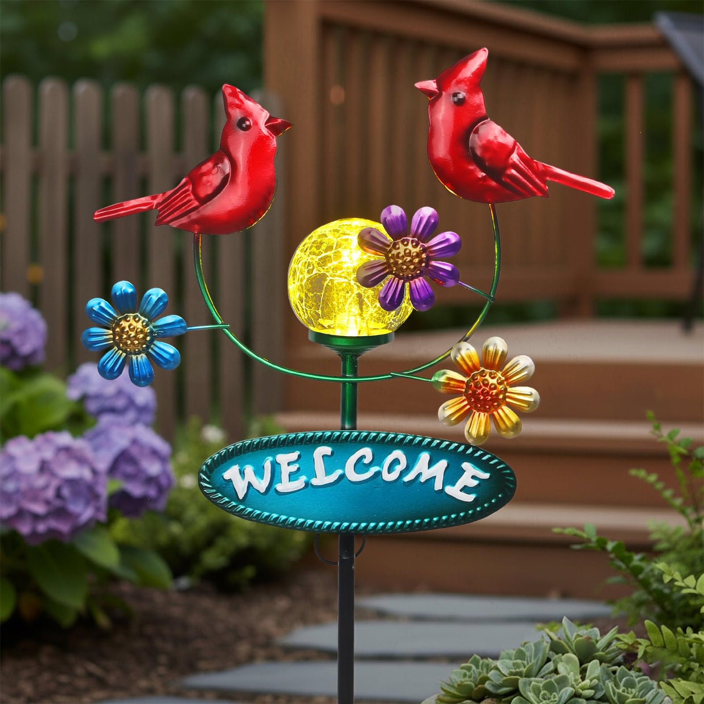 Newinhome Solar Garden Stakes Metal Welcome Signs for Outside 29.5', 2 Flying Cardinals with Cracked Glass Ball,Decorative Garden Stakes for Lawn, Patio, Cardinal Gifts for Women