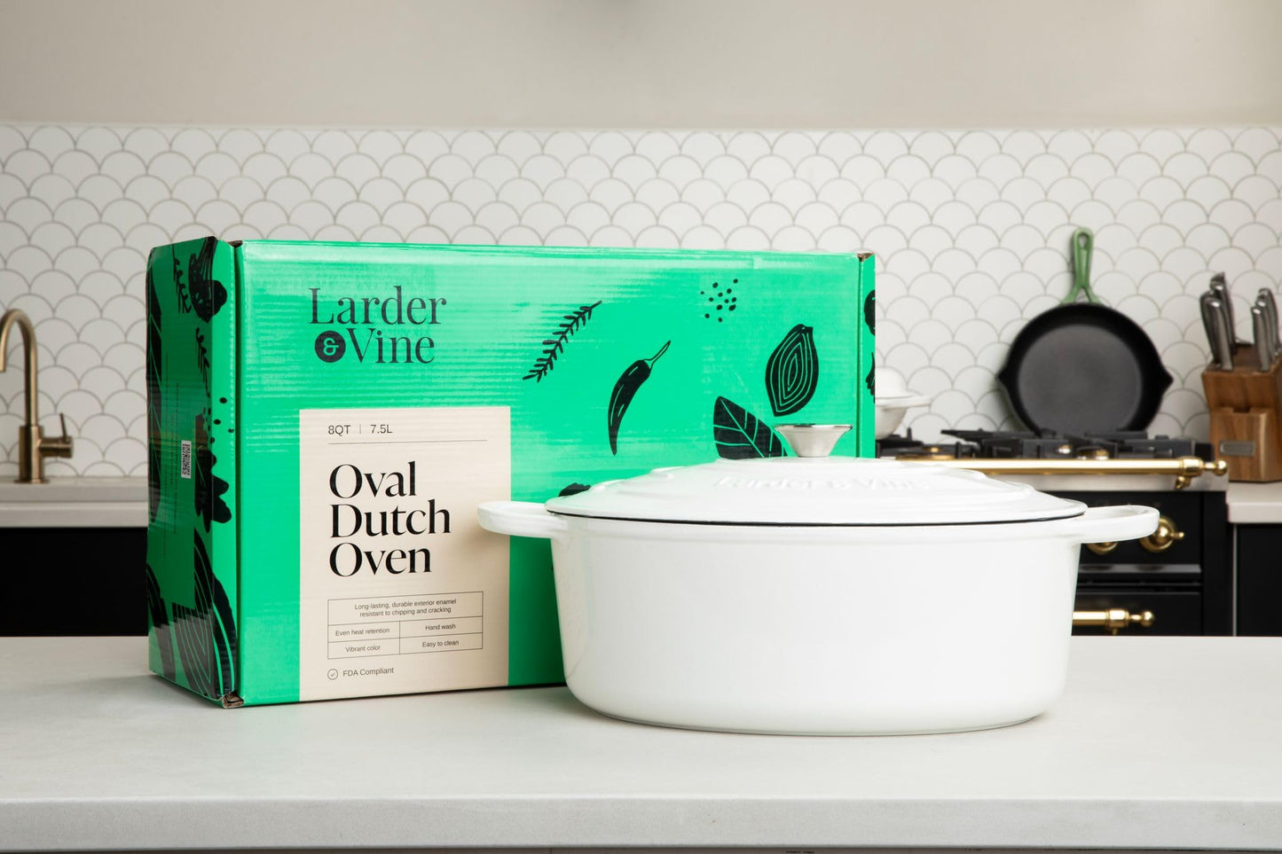 Larder & Vine 6-Piece Enameled Cast Iron Pan Cookware Sets, Includes 8 Quart and 5.7 Quart Dutch Oven with Lids, Braiser/Crock Pot with Lid (White)