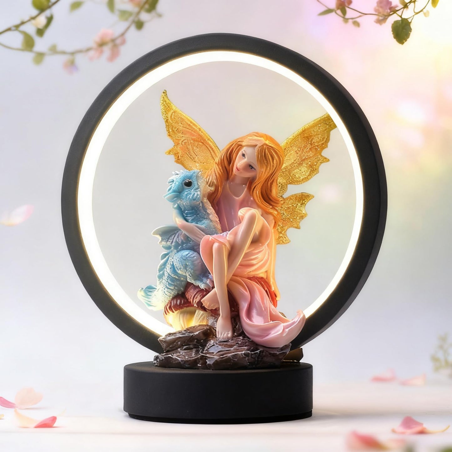 Hmusnwol Fairy Dragon Figurine Lamp - Fairy Collection Pixie Statue with 6.15 inch LED Circle Table Lamp for Gifts,Fantasy/Bedroom/Bookshelf/Desk Decoration