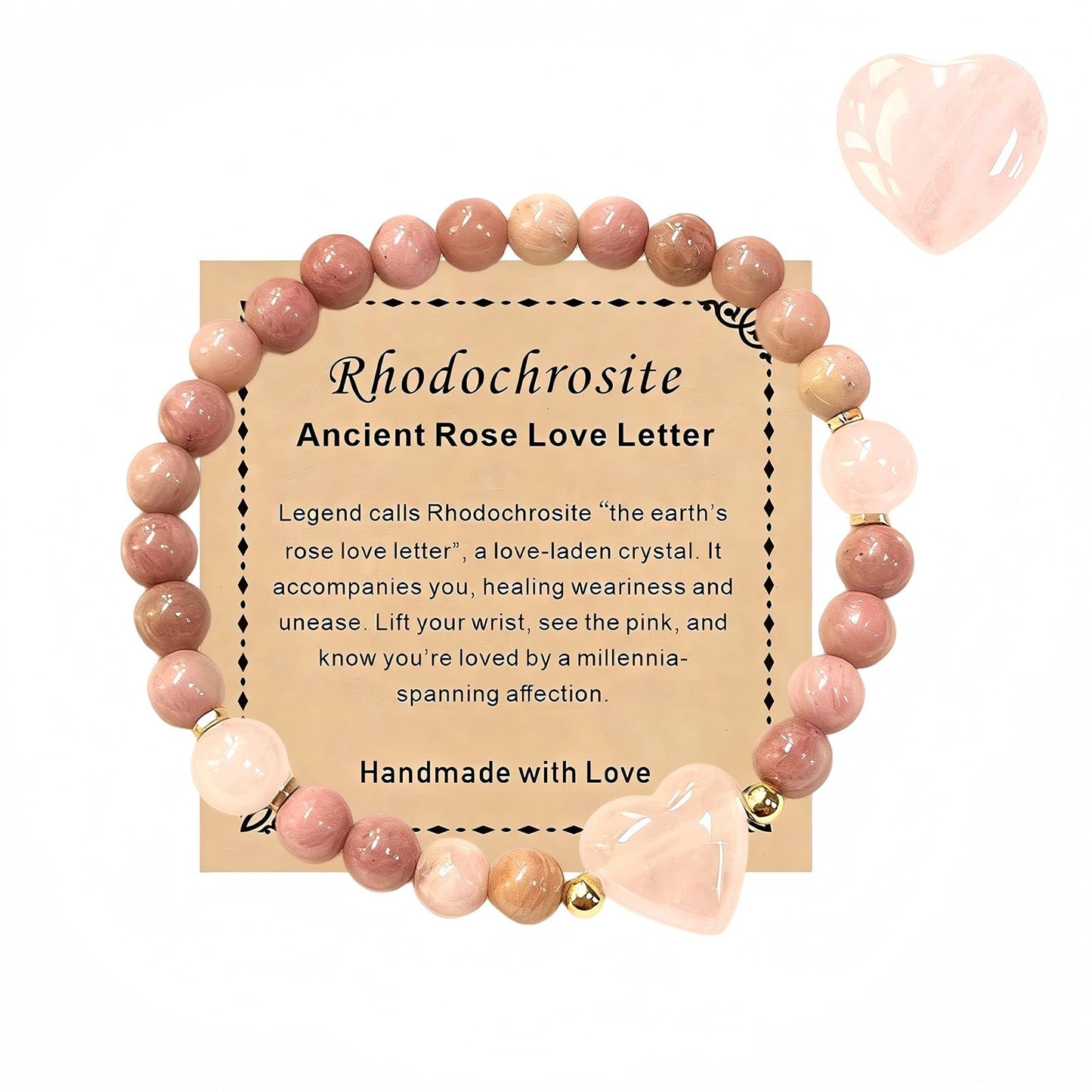 6mmHeart Crystal Beaded Bracelets for Women and Rose Quartz Healing Anxiety Stone Handmade Pink Natural Stone Bracelet Stretch Bracelet Gemstone Reiki Spiritual Valentine DayJewelry Gifts(Rhodonite)