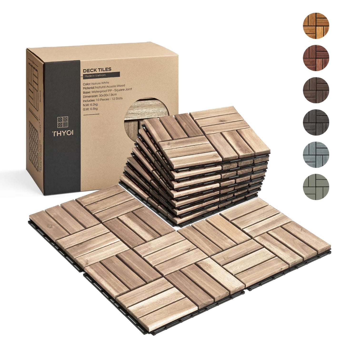 THYOI Premium Deck Tiles, Patio Flooring - Outdoor Waterproof Acacia Wood Tiles for All Weather Use - Balcony, Backyard, Indoor & Outdoor (Square Ft) (10, White, 12S)