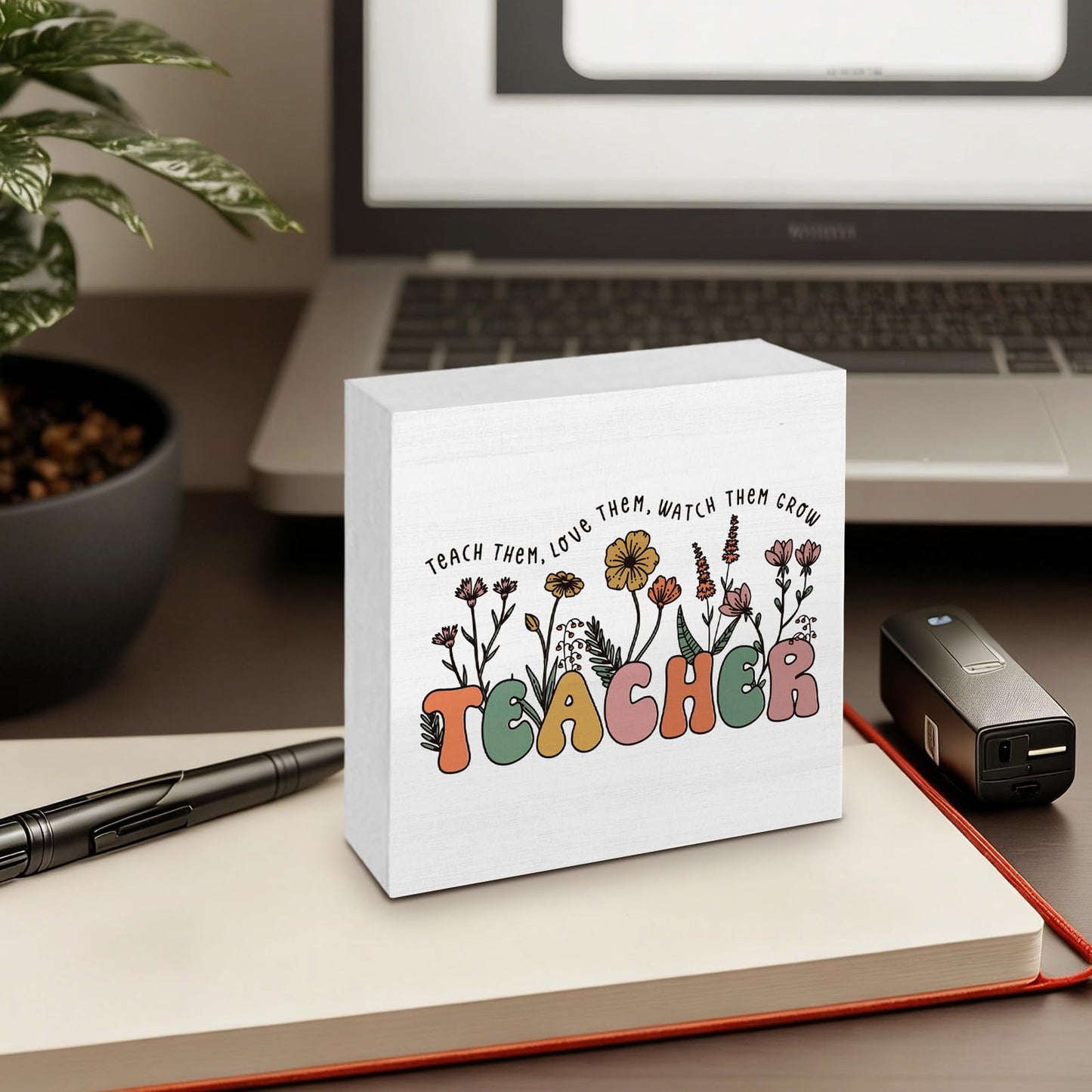 GWOKPAAI Boho Teacher Floral Wooden Box Signs Desk Decor, Teacher Appreciation Gifts, End of the Year Teachers Gifts Wooden Signs Desk Decorations for Home Office Workplace Tabletop Shelf Wall, 5x5in