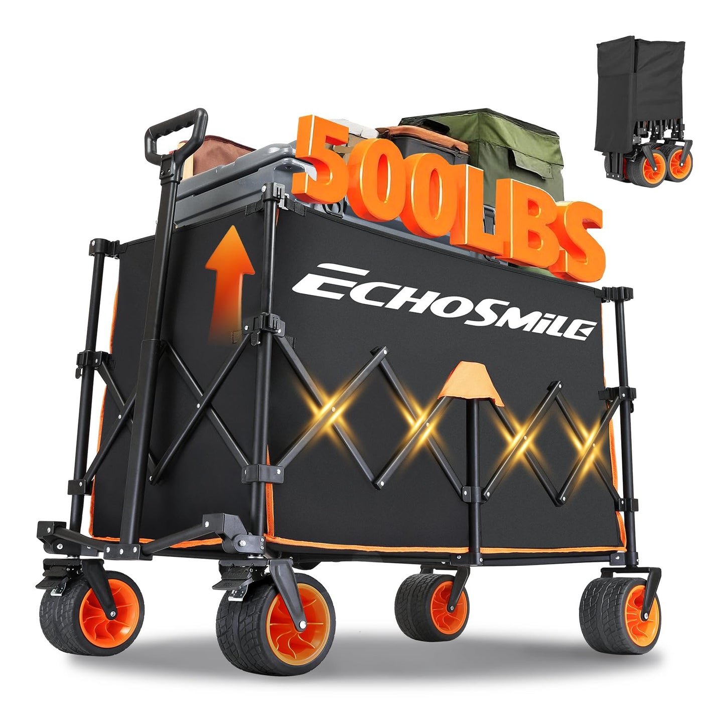 EchoSmile Collapsible Foldable Extended Wagon with 500Lbs Weight Capacity, 300L Folding Utility Wagon Cart with Big All-Terrain Wheels for Beach,Sport,Garden&Grocery (Black&Orange)