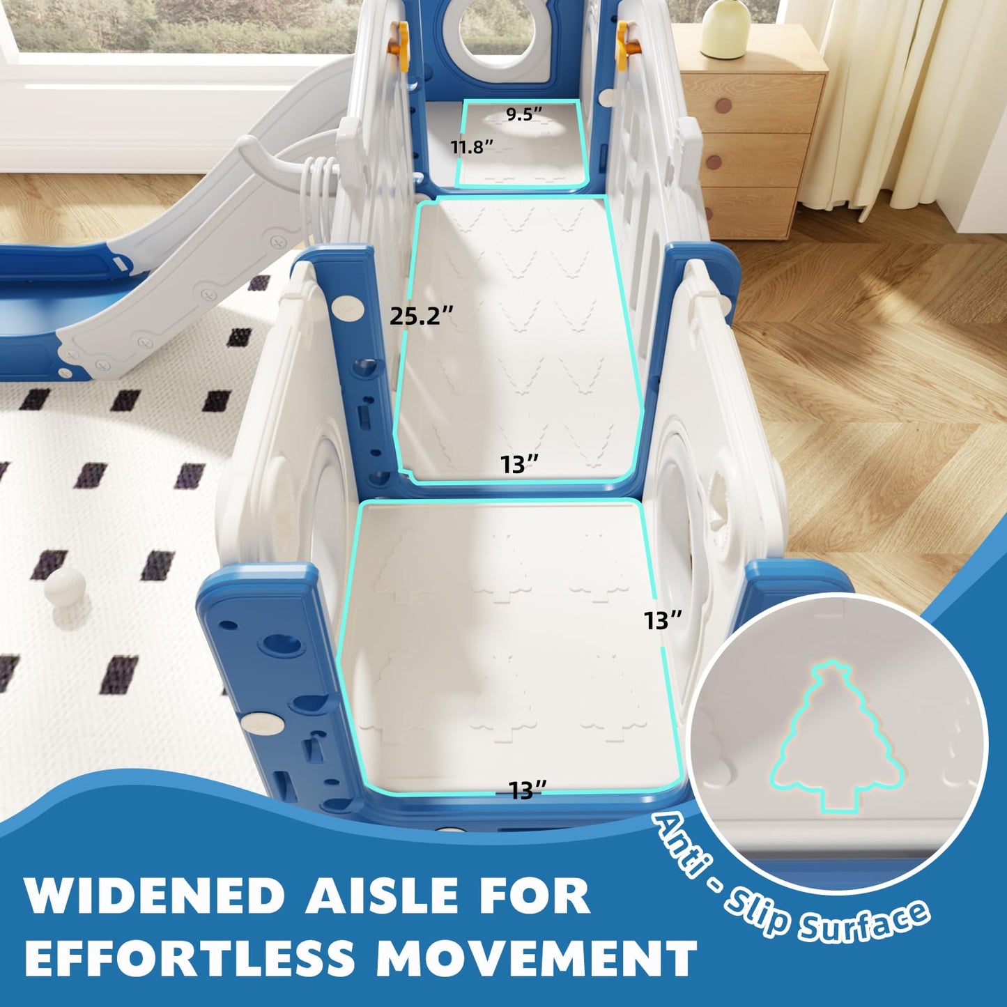 67i 10-in-1 Toddler Playground Set with Slide & Climber, Indoor Outdoor Play Gym for Toddlers 1-3, Quick Compact Setup Kids Playset with Basketball Golf Ring Toss Telescope Dino Area (Blue Gray)