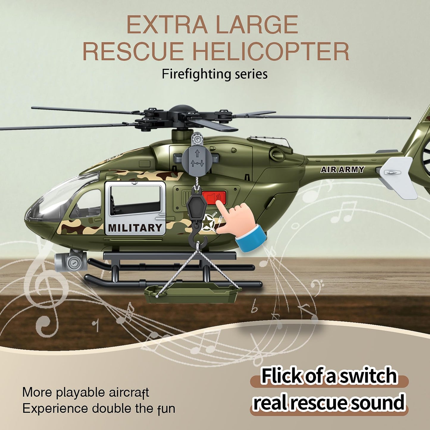 XUEXUE Large Military Helicopter Toy 15 Inch, Army Green Kids Helicopter with Crane & Hanging Tray, Toy Helicopter with Lights and Sounds, Helicopter Toys for Kids 3-5, Birthday Gift for Boys Age 3-7