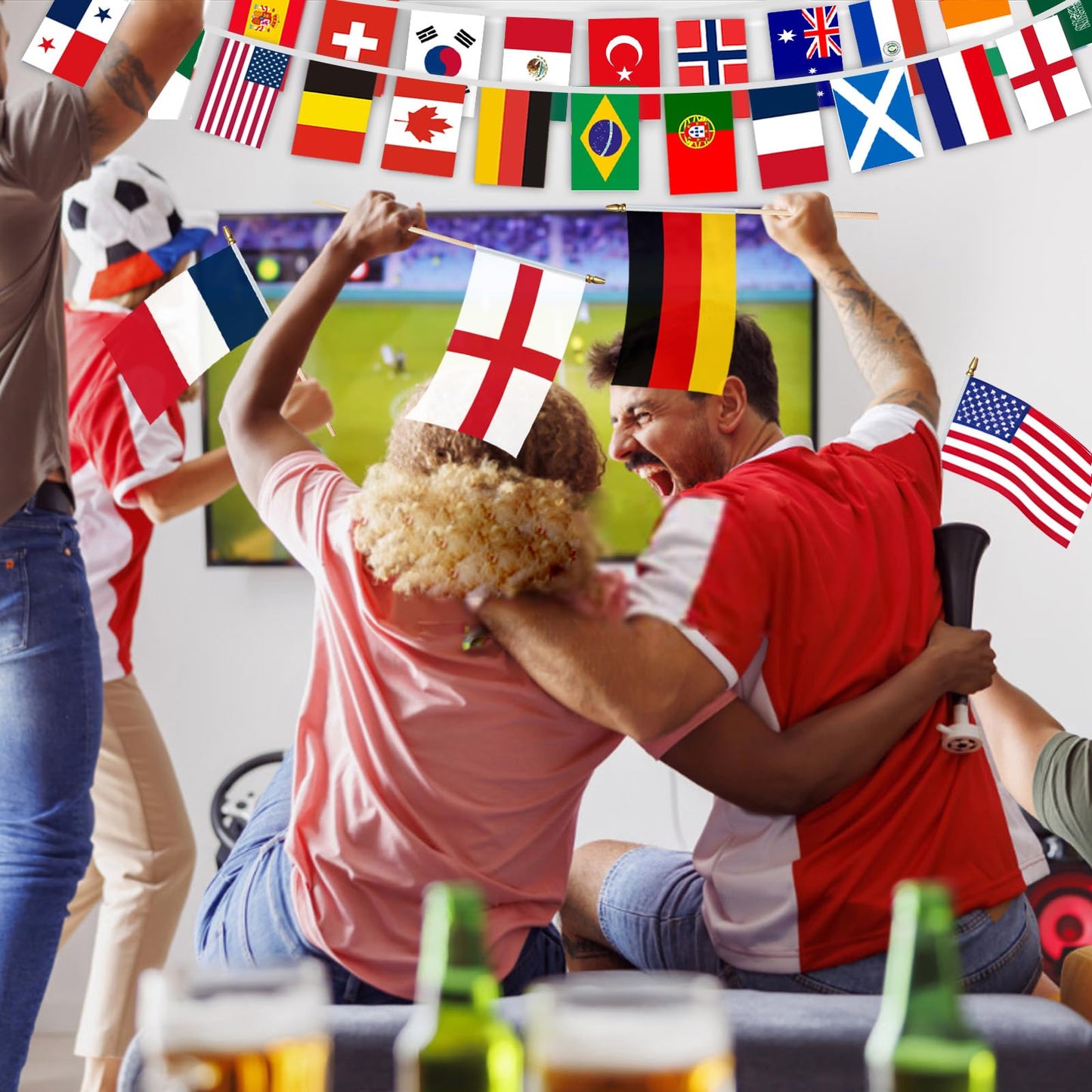 AhfuLife 48 Countries Wooden Handheld Flags on Stick for World Cup Decorations, 48PCS Double Sides Fabric Handheld Small Flags Banner with 11.8in Pole for Soccer Olympic Party 2026 Garden Street Decorations