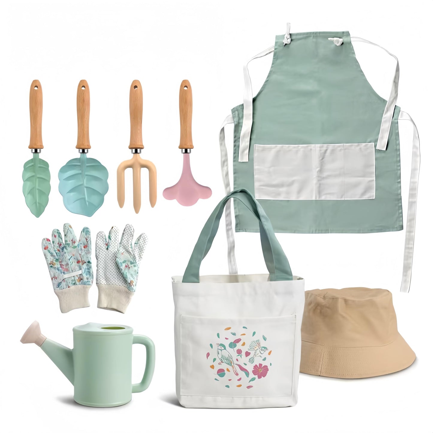 9PCS Gardening Set Toys for Kids, Quality Garden Tool Kit Includes Tote Bag, Gloves, Shovel, Rake, Cultivator, Watering Can, Learning Outdoor Gifts for Suitable for Cultivating Interest