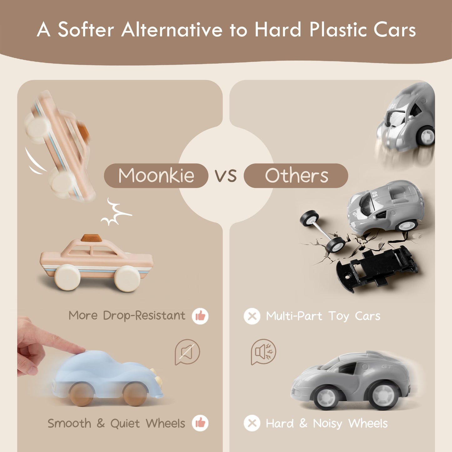 Moonkie Food Grade Silicone Toy Cars for Babies & Toddlers, Push and Go Baby Car Toys 6–12 Months, Hollow Design Infant Toys, Baby Teething Toys 4–6 Months, Birthday Gifts for Boys & Girls, 3 Pack