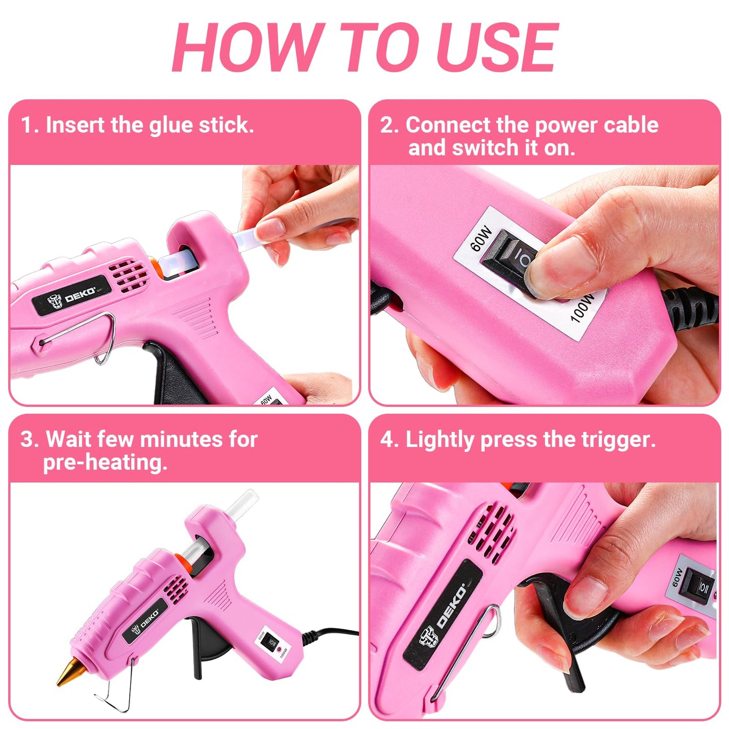 Hot Glue Gun Full Size: DEKOPRO 60/100Watt Dual Temp Hot Glue Gun Kit with 25 Glue Sticks, Organize Storage Case, Heavy Duty Heat Glue Gun Tool Set for Home Repair, Art & Crafts, DIY Pink