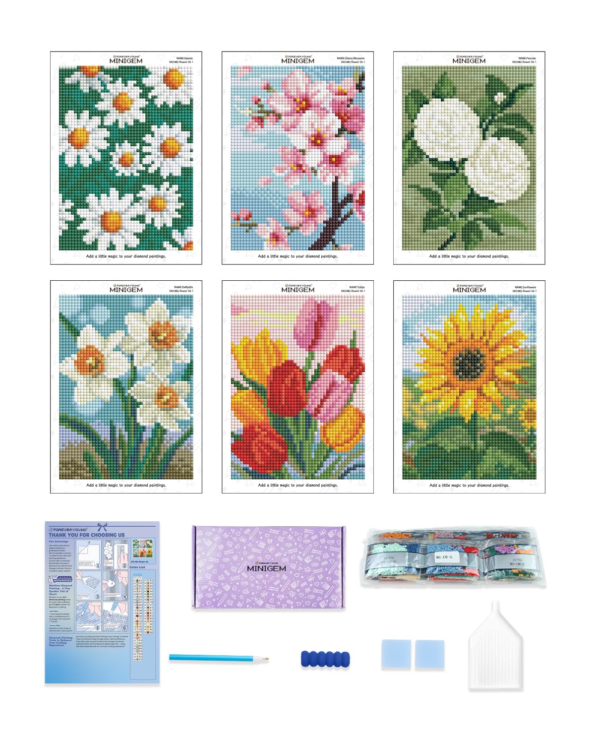 forever young Minigem Diamond Art Flowers Kits for Beginners, 6 Pcs Flower Resin Square Drill Diamond Painting Kits for Adults, 2-Hour Canvas Flower Small Diamond Art Kits for Adults (5x7 Inch)