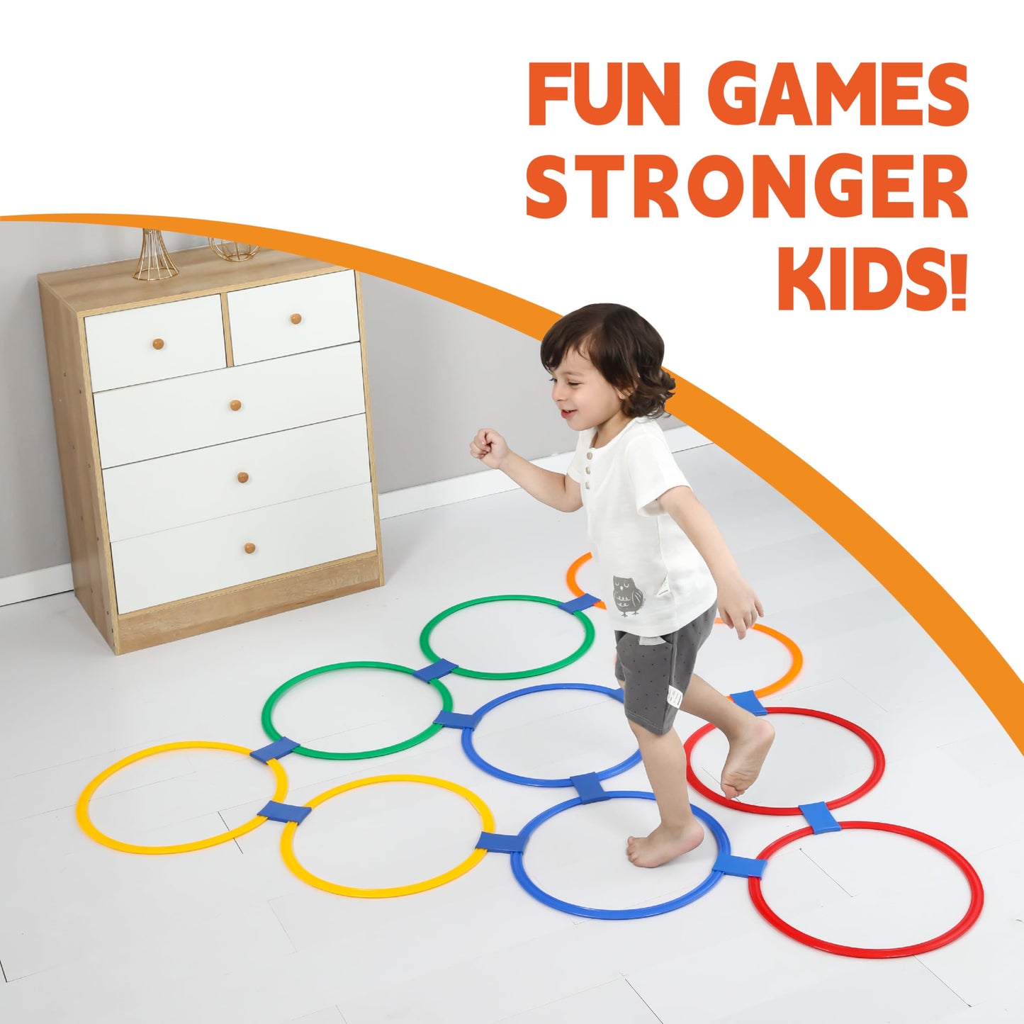 Oranmew Hopscotch Rings – Hoop + Square, 2-Set – (10 Round + 10 Square, 15-inch) + 30 Connectors, Agility Rings for Kids, Gross Motor Skills, Preschool & Kindergarten PE, Playground Obstacle Course