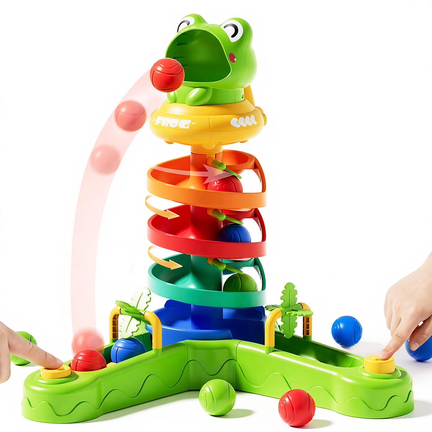 KNMDU Frog Ball Drop Toy for Kids, 5 Layer Roll Swirling Ball Tower with 12 Balls, Spin and Learn Shoot Balls Drop Montessori Toy, Gifts for Toddler Boys Girls 2 3 4 5 6 7 8+ Years Old (2 Player)
