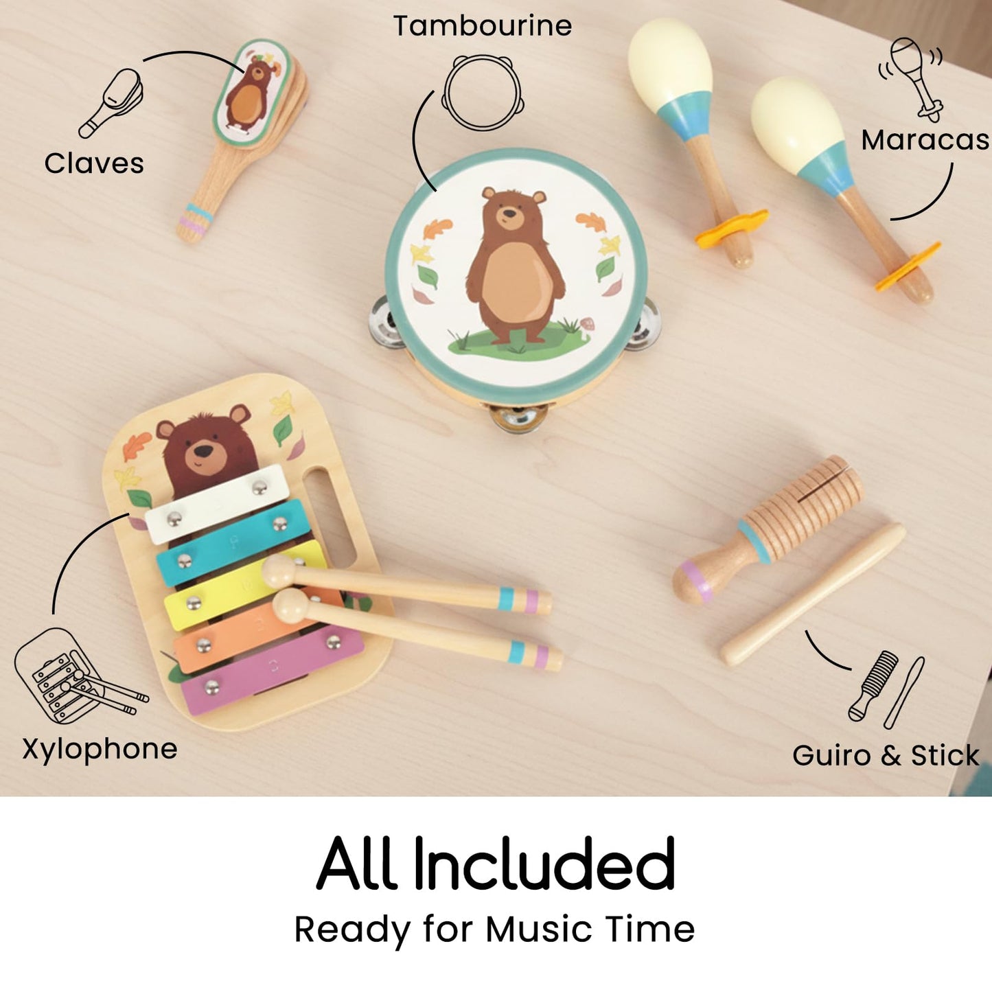 Wooden Musical Instruments Set for Toddlers, Natural Wood Percussion Instruments Xylophone Gift Set for Girls Boys Kids ,Preschool Educational Musical Toys with Storage Bag (Blue Set)