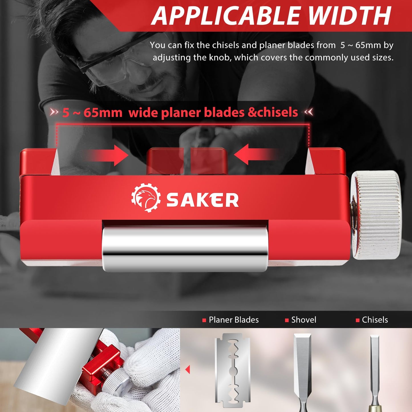 Saker Honing Guide with Whetstone - Red Off-Center Upgraded Honing Tool and Diamond Sharpening Stone Set Kit for Knife, Short Chisels and Planes, Fine/Coarse Plate, 400/1000/Grit…