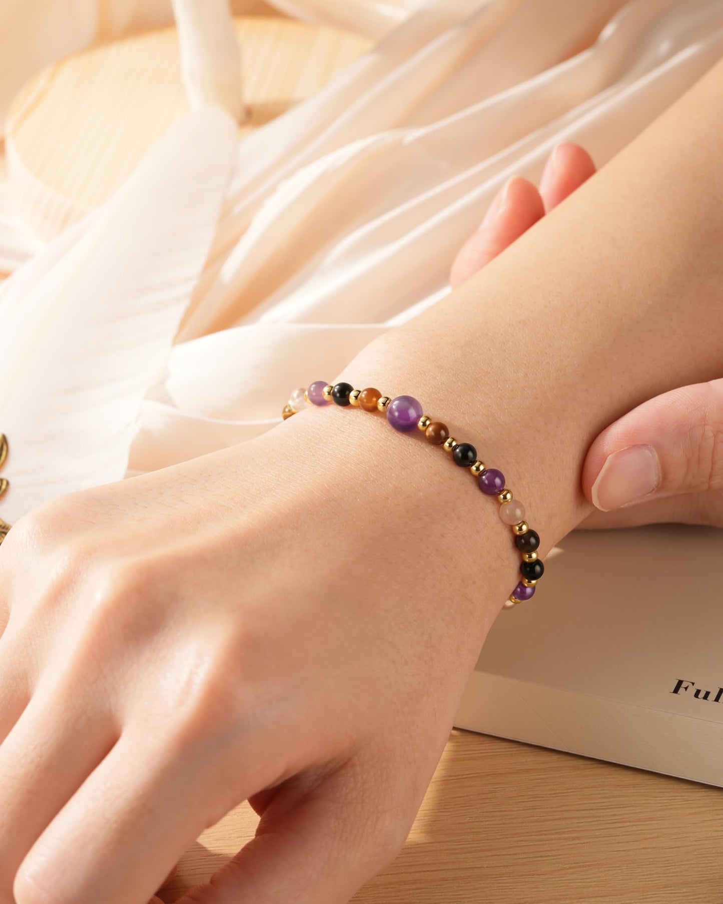 HGDEER Anxiety Relief Items Beaded Bracelets for Women Stress Crystal, Healing Amethyst Tigers Eye Depression Jewelry Fashion Gemstone Purple Stone Anti Tourmaline Natural Gifts Panic Attack Mental