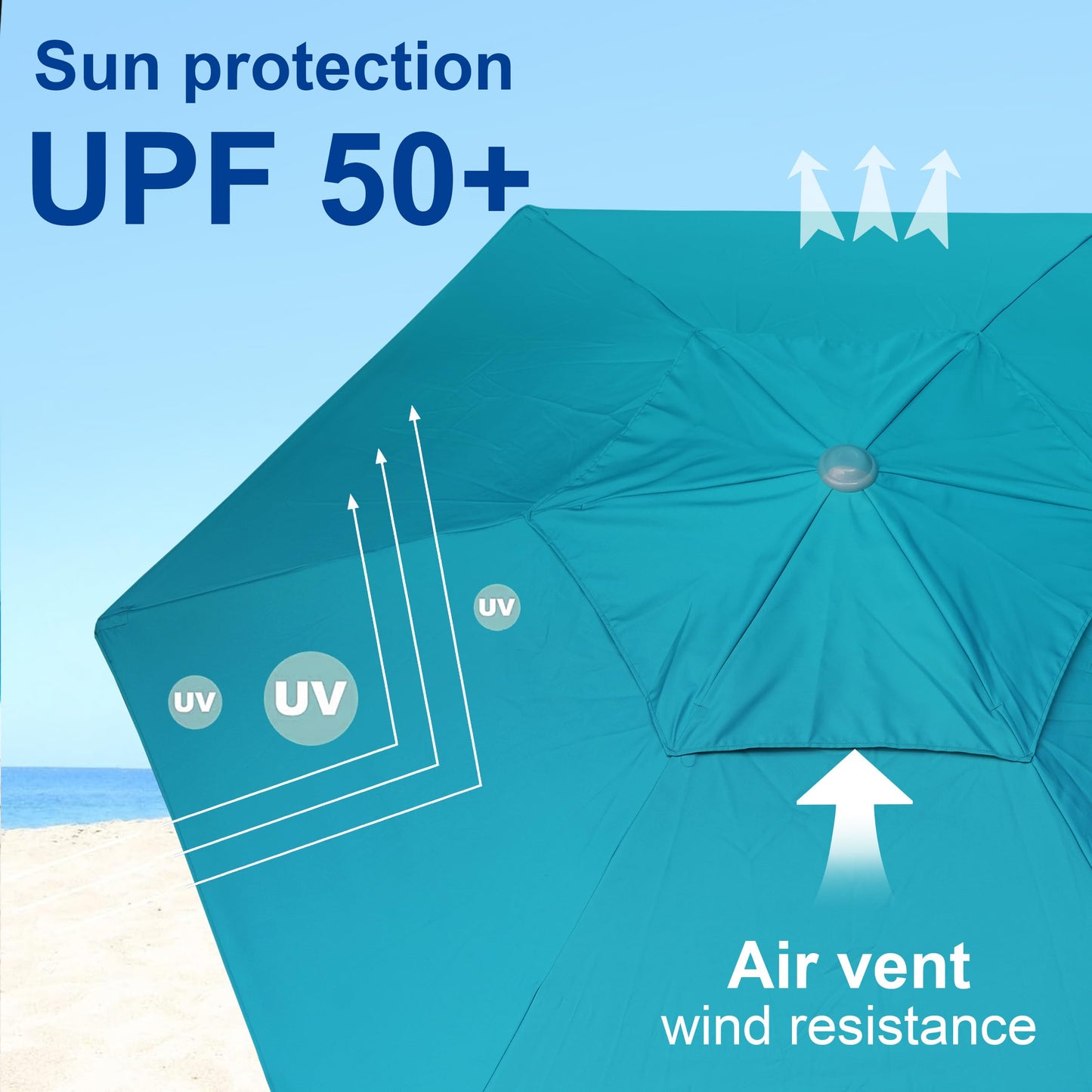 AMMSUN 8ft Large Beach Umbrellas for Sand Heavy Huty Wind Portable Commercial Grade Patio Beach Umbrella with Sand Anchor Adjustable Height Air Vent UPF 50+ Telescoping Pole without tilt Teal