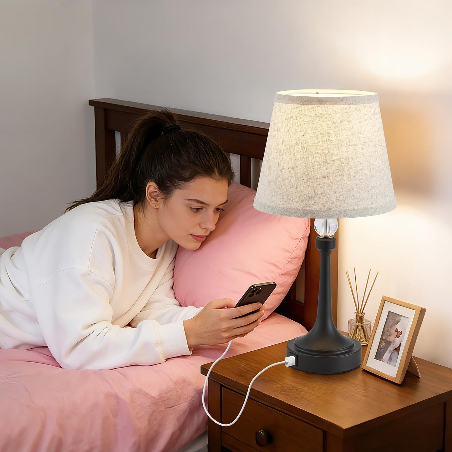 Leasgy 19.7'' Touch Table Lamps for Living Room, Small Lamp for Bedroom with USB C+A Ports, Dimmable Touch Lamps, Reading Desk Lamp for Office, Metal Bedside Lamps, Bulb Included, 1pcs, Black