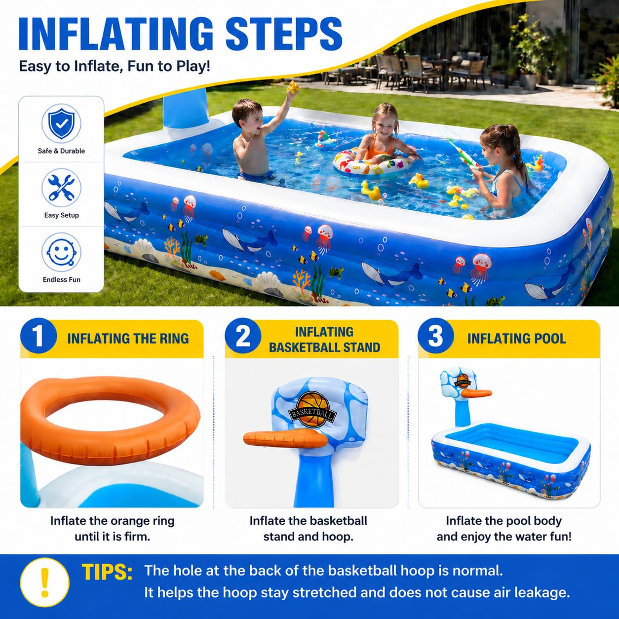 Inflatable Swimming Pool,120" x 72" x 24" Kiddie Pools, Family Lounge Pools Thickened Above Ground Family Pool for Summer Water Party, Backyard, Garden Lawn