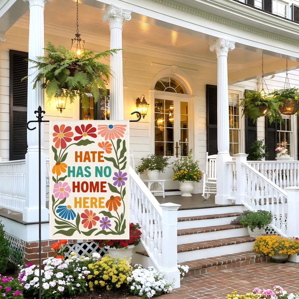 WHTYEFZ Hate Has No Home Here Garden Flag, 12 x 18 Inch Double Sided Protest Themed Decor Flag for Outdoor Garden Yard Front Porch, Social Justice Gifts for Equality Supporter, Diversity Welcome Sign