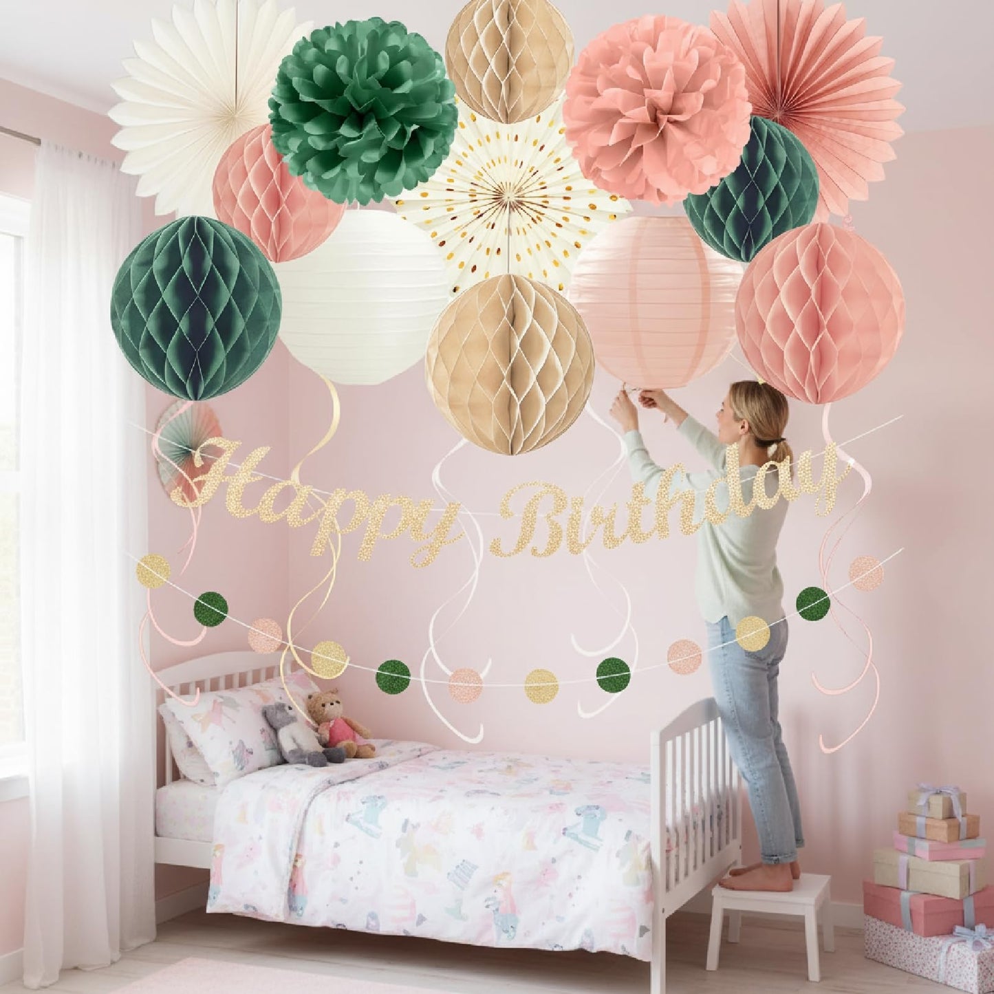 24Pcs Boho Style All-In-One Party Decorations Kit, Happy Birthday Banner with Honeycomb Balls, Paper Flowers, Lanterns, Hanging Swirls, Garland for Women, Girls Celebrations (Pink Sage Green)