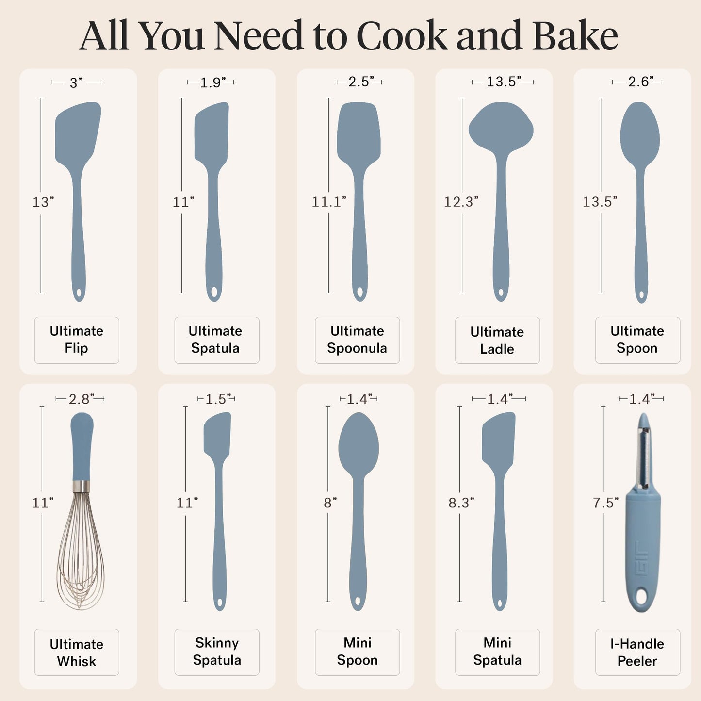 GIR: Get It Right 10-Piece Spatula Set & Silicone Utensils for Kitchen - Slate - Heat Resistant to 425°F - Dishwasher Friendly - Includes Ladle, Whisk, Potato Peeler & Kitchen Spoons