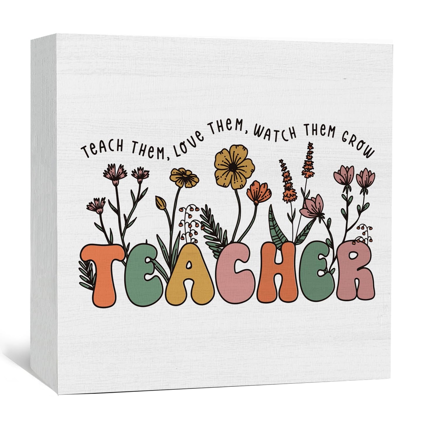 GWOKPAAI Boho Teacher Floral Wooden Box Signs Desk Decor, Teacher Appreciation Gifts, End of the Year Teachers Gifts Wooden Signs Desk Decorations for Home Office Workplace Tabletop Shelf Wall, 5x5in