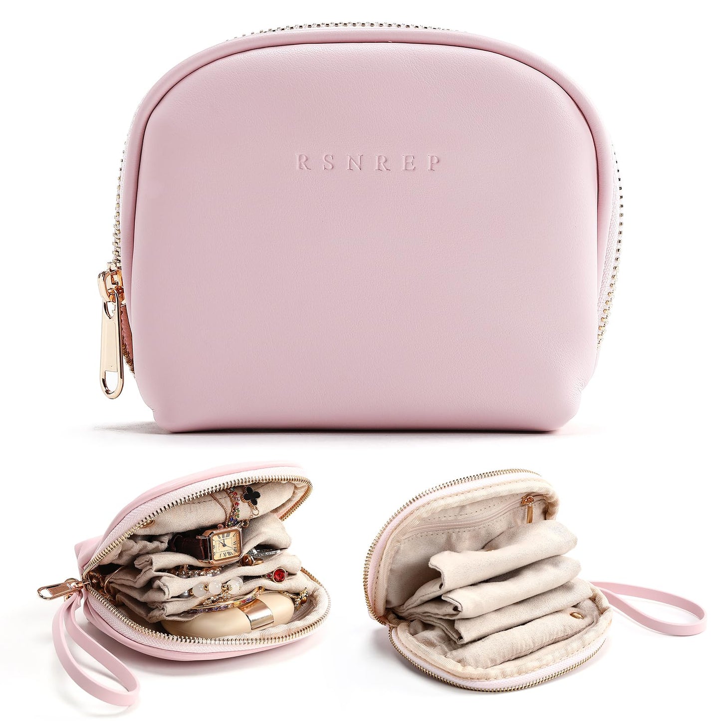 RSNREP Small Travel Jewelry Organizer Storage Pouch - Velvet Mini Travel Jewelry Case for Women, Compact Zipper Bag for Bracelets, Rings, Earrings Essential Travel Accessory Gift (pink)
