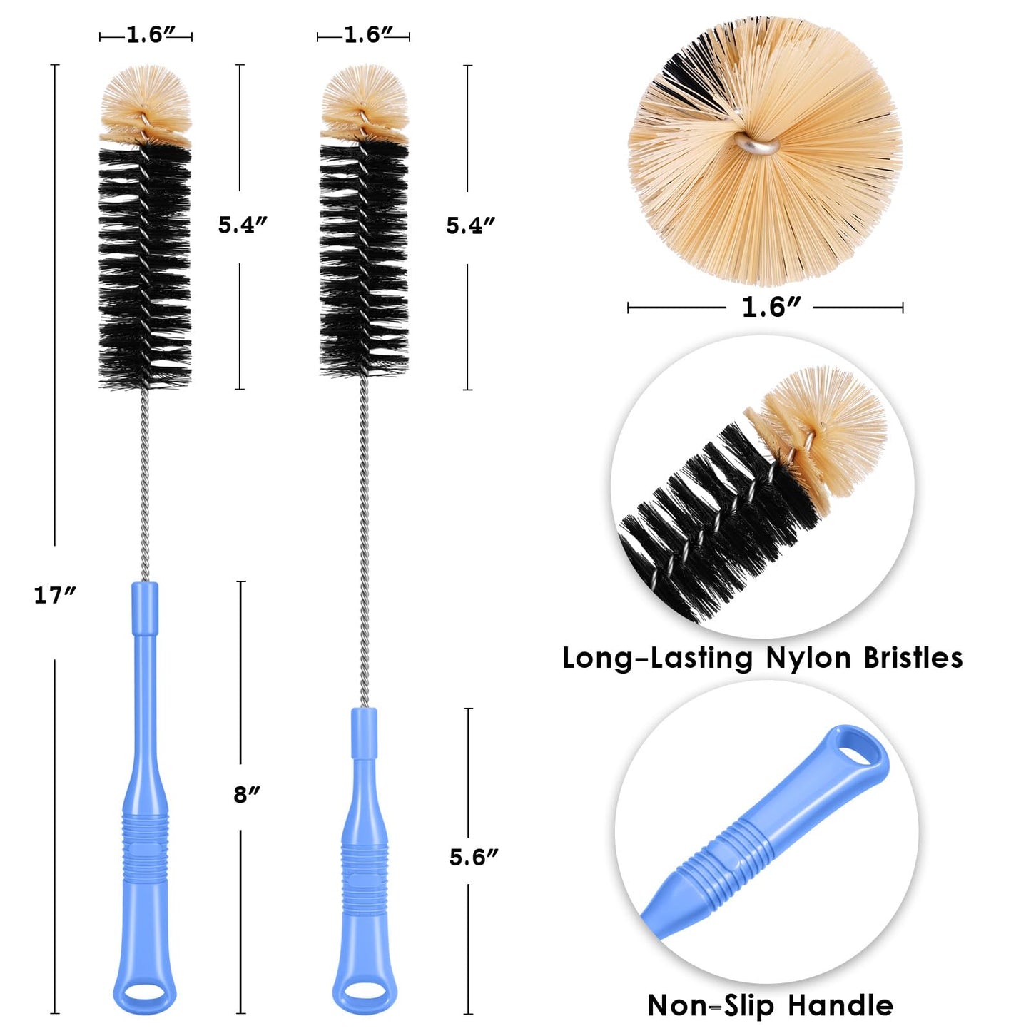 MOSOLAN Bottle Cleaning Brush, 17 Inches Extra Long Handle Water Bottle Brush, Flexible Bendable Cleaner for Washing Narrow Neck Bottles, Wine Decanter, Kombucha, Pipes, Beer Brewing Supplies, 2 Pack