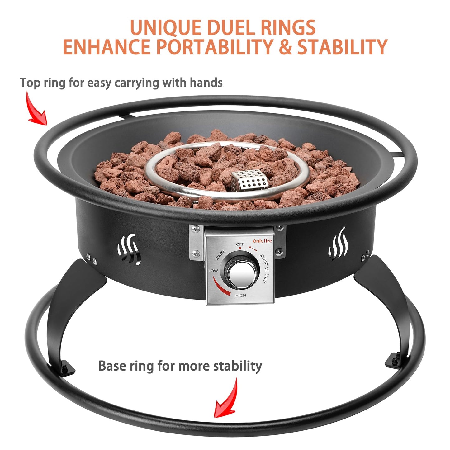 ONLYFIRE OUTDOOR LIVING Propane Gas Fire Pit 22¡±, Portable Smokeless Fireplace with 12Ft Hose & Lava Rocks, FirePit for Patio Backyard Bonfire Camping RV Tailgating Beach Party, 55000BTU, #FP001