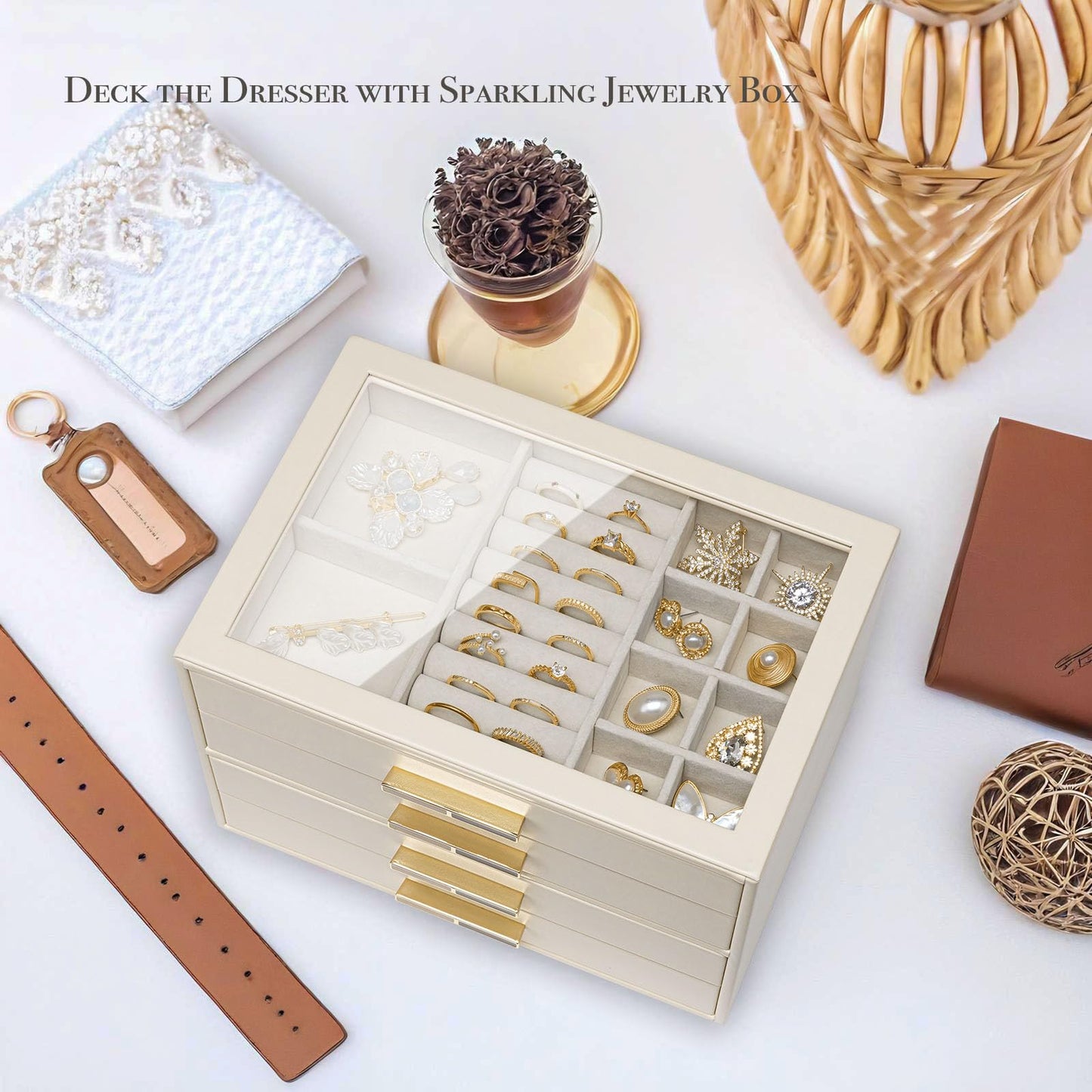 VLANDO 4-Drawer Jewelry Box with Glass Lid, Faux Leather Organizer for Rings Earrings Necklaces and More, Gift-Ready Jewelry Case for Women Girls or Moms, Beige