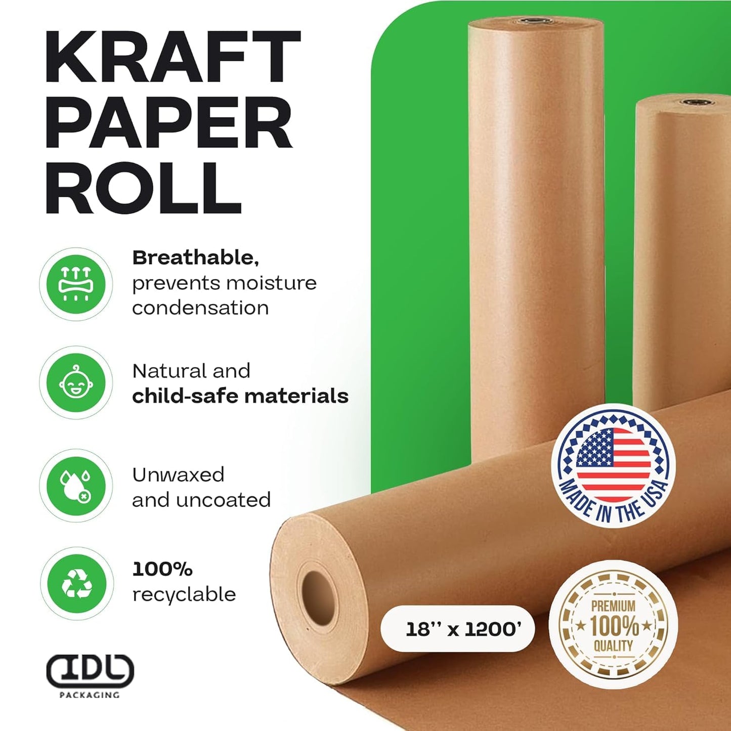 IDL Packaging Large Brown Kraft Paper Roll 18" x 1200 feet (14400 inches) - Natural Wrapping Paper for Packing - Perfect Paper for Void Filling - Paper for Kids Art Projects