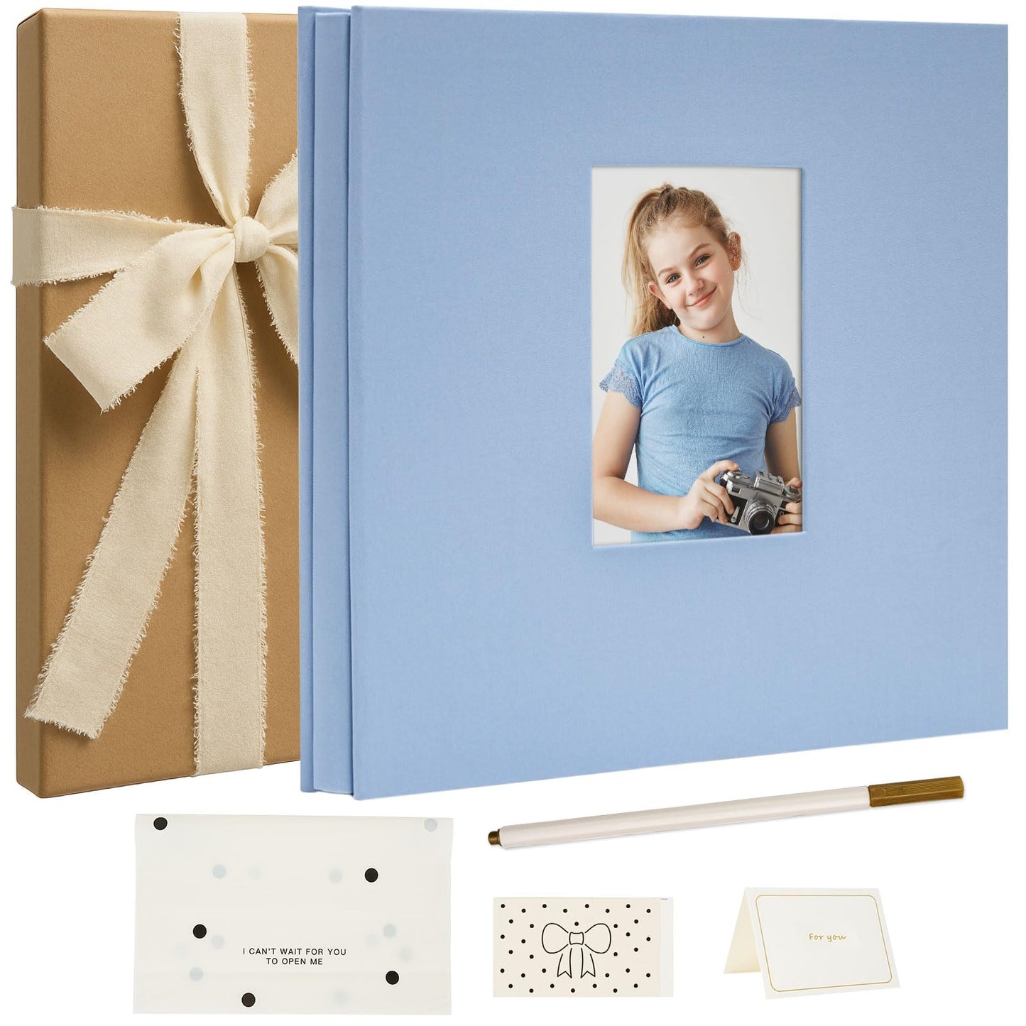 Vienrose Self Adhesive Photo Album Gift Set, Linen Cover Scrapbook with DIY Window, Holds 4x6 5x7 8x10 Photos, 30 Sheets 60 Pages for Family Wedding Baby, Includes Pen, Card, Lace Strap, Blue
