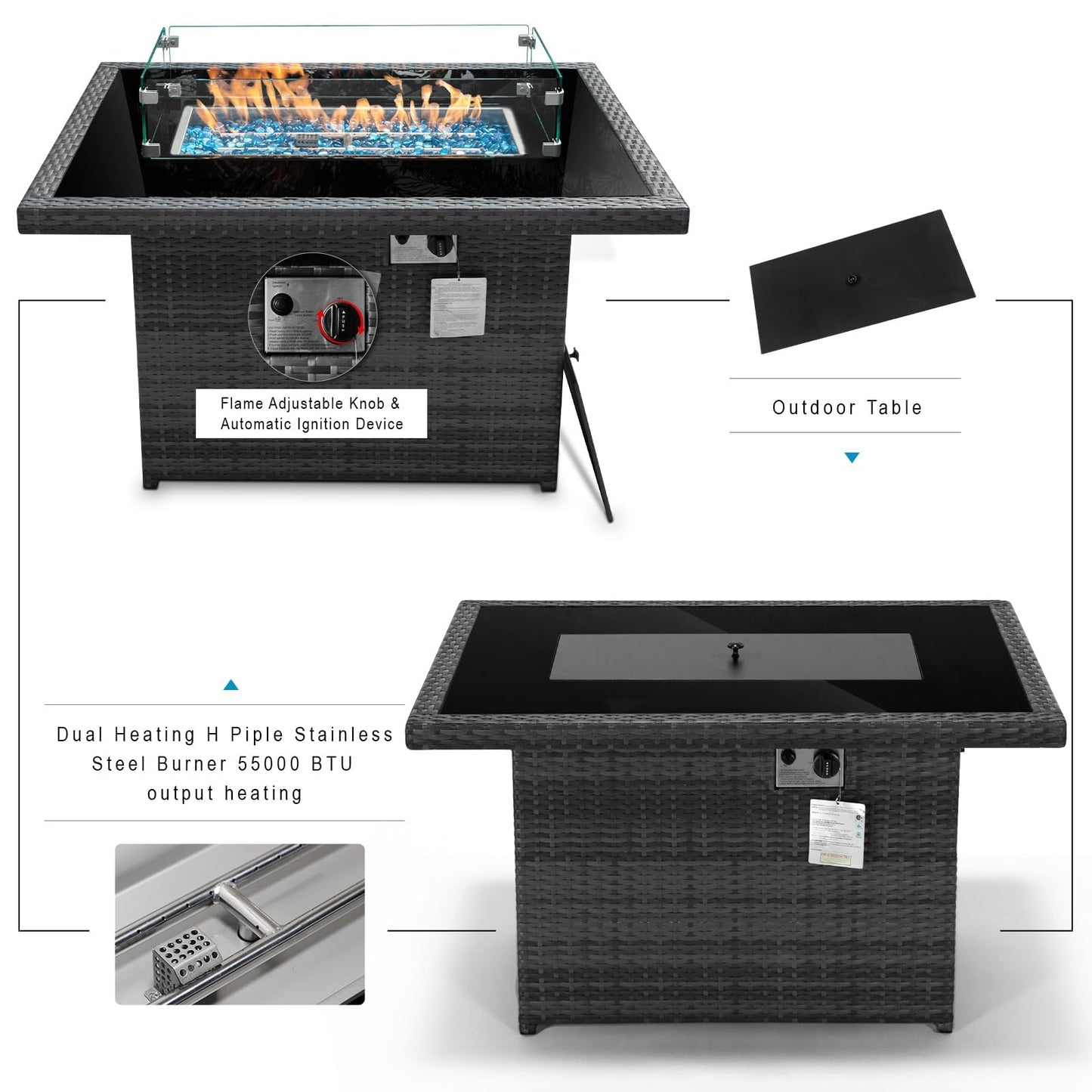 BULEXYARD PE Wicker 43" Patio Outdoor Propane Fire Pit Table with Waterproof Cover 55,000 BTU Auto-Ignition Gas Fire Pit Table with 8mm Tempered Glass Table Top and Glass Stone (Grey)