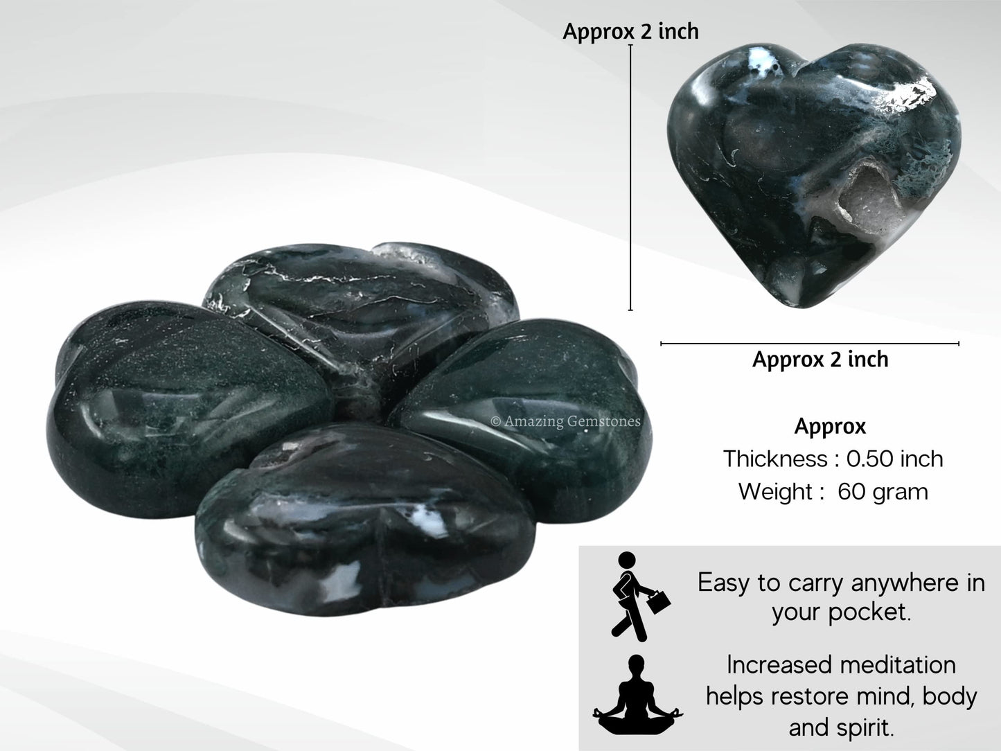 Moss Agate Crystal Heart Palm Stone - Pocket Massage Worry Stone for Natural Body Chakra Balancing, Reiki Healing and Crystal Grid