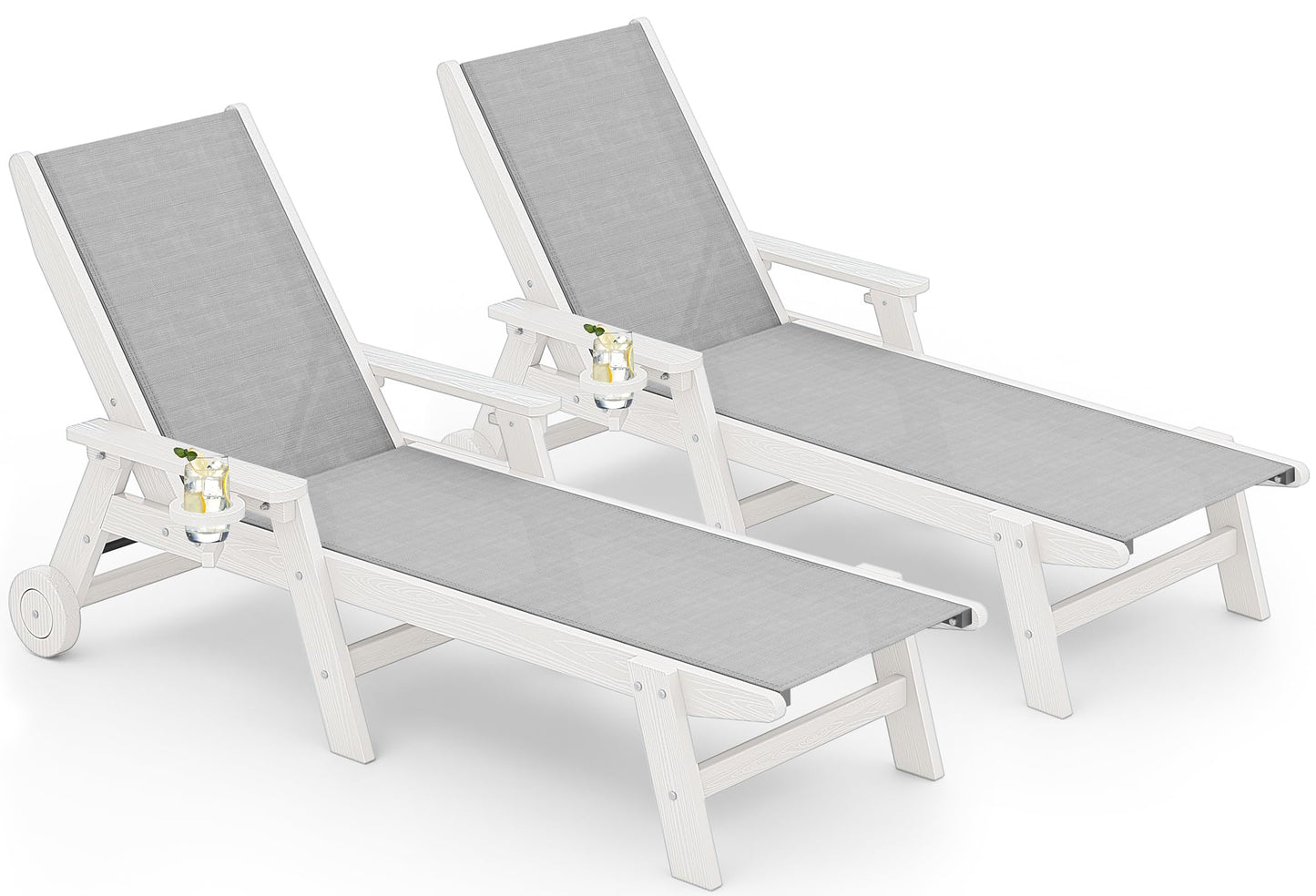 SERWALL Textilene Patio Chaise Lounge Chair Set of 2, 5 Positions Outdoor Lounger with Rolling Wheels for Pool, Deck, White