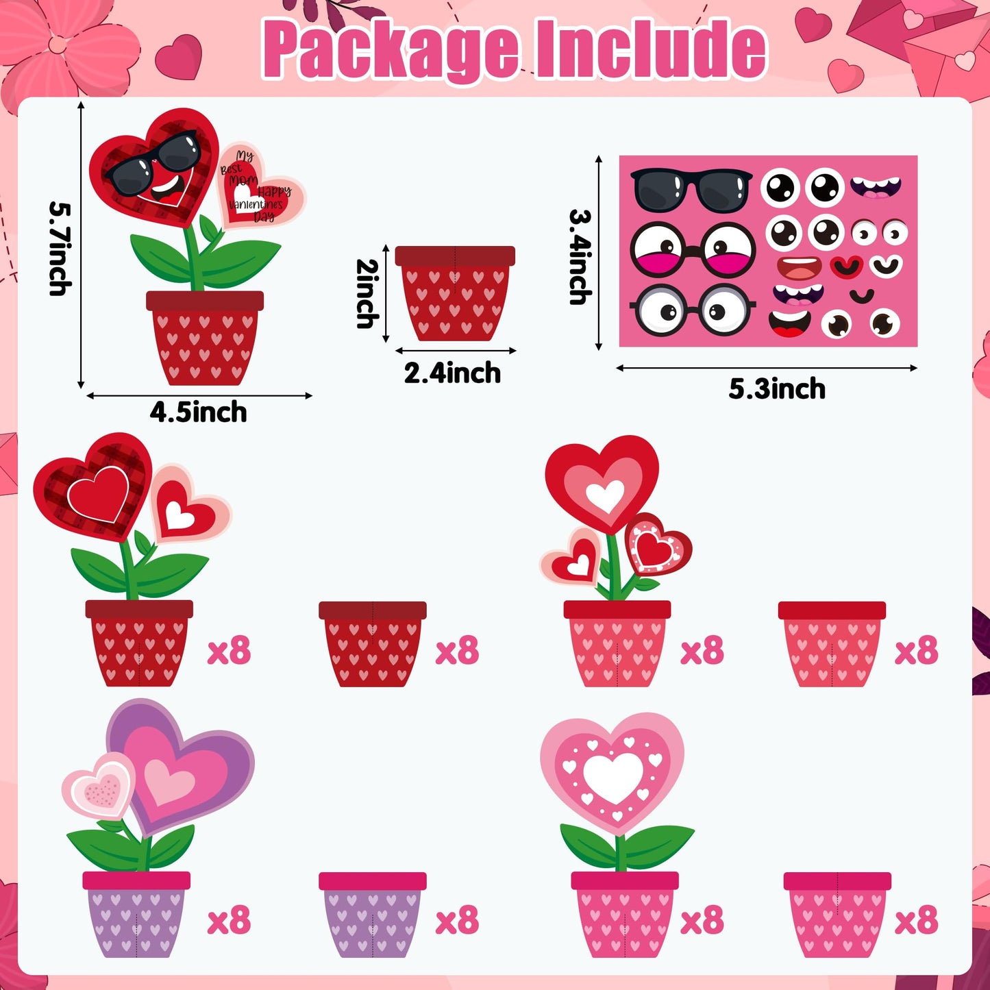 WATINC Valentine‘s Day Flower Craft Kit - 32PCS Make Your Own Heart Flowers Pot Decorations, DIY Valentine Paper Art Supplies with Stickers for Kids Adults, Homeschool Classroom Party Activities Gifts