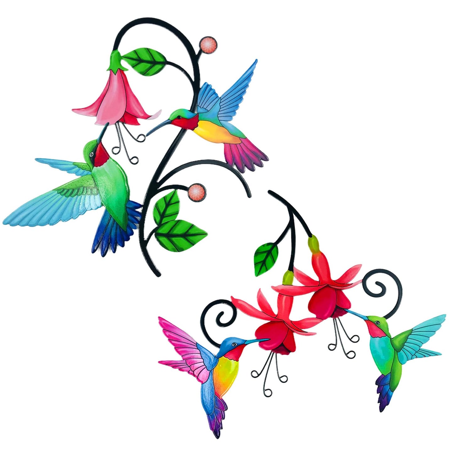 Meduofon 2 Pack Metal Hummingbird & Flower Outdoor Wall Art Decor, Creative Wall Decor for Patio, Fence, Deck, Garden, Home, Kitchen, Balcony