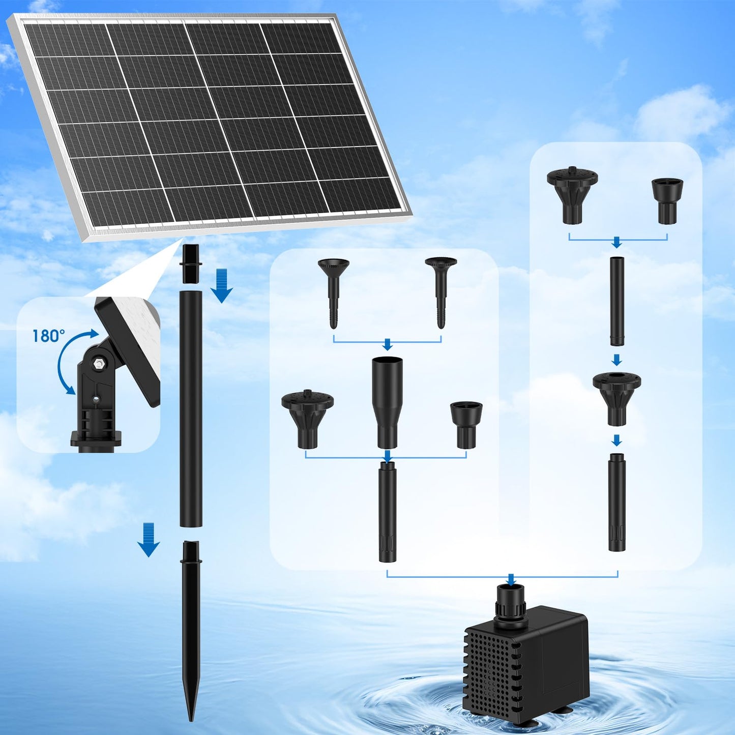 AMZtime 20W Solar Fountain Pump, Solar Water Pump with Lights Built-in 4000mAh Battery, 2026 New DIY Solar Water Fountain for Bird Bath, Pool, Pond, Garden, Fish Pond, Small Waterfall